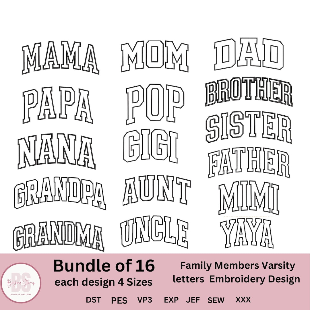 Varsity Embroidery Designs Bundle for Family Members, Machine ...