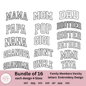Pacote de designs de bordado universitário para membros da família, pacote de designs de bordado à máquina, letras de membros da família em arco, vários tamanhos