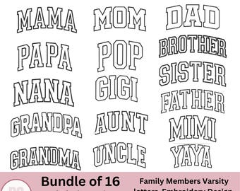 Varsity Embroidery designs bundle for family members, machine embroidery designs bundle, Arched family members letters multiple sizes