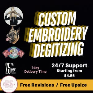 Op de afbeelding: Een grafisch ontwerp advertentie voor aangepaste borduurdigitalisering. De advertentie biedt een korting van 25%, een levertijd van 1 dag, 24/7 ondersteuning vanaf €4,55, gratis revisies en gratis vergroting. De advertentie bevat ook afbeeldingen van verschillende borduurontwerpen, waaronder een vader en zoon, een hond en een adelaar.