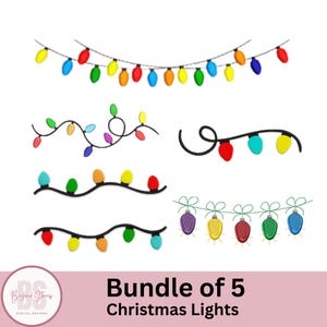 May include: A selection of five Christmas light designs in different styles. The lights are in a variety of colours, including red, yellow, green, blue, and purple. The text "Bundle of 5 Christmas Lights" is displayed below the designs.