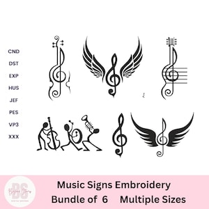 May include: Black and white music-themed embroidery designs. The designs include a violin, treble clef with wings, a guitar-shaped treble clef, a band of musicians, a treble clef, and a treble clef with wings. The text reads "Music Signs Embroidery Bundle of 6 Multiple Sizes."