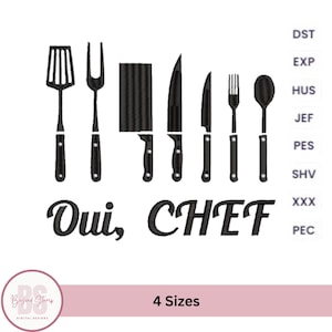 Qui Chef kitchen sayings embroidery design, cutlery embroidery design, phrase embroidery, machine embroidery, PES DST File, instant download