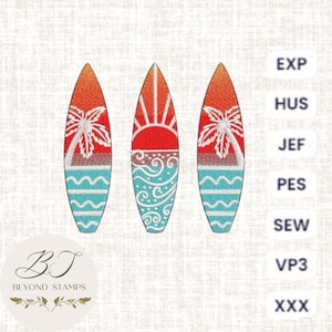 Surfing Board Embroidery Design, summer embroidery designs, trendy beach embroidery design, kids embroidery, Instant download 3 size