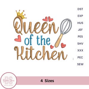May include: Embroidered design of a crown, hearts, a whisk, and the text "Queen of the Kitchen".