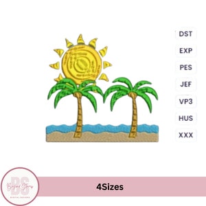 Island beach scene machine embroidery design, Summer embroidery, sun palm tree  ocean waves Pes files 4 sizes instant download
