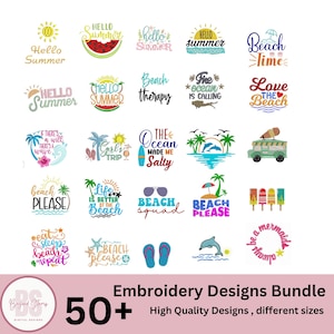 Puede incluir: Una colección de más de 50 diseños de bordado con frases e imágenes de temática playera. Los diseños incluyen frases como "Beach Therapy", "The Ocean is Calling" y "Love the Beach".