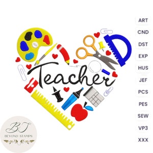 Teacher embroidery design heart embroidery designs machine embroidery school embroidery 5 sizes Instant download