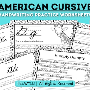 Printable American Cursive Handwriting Worksheets Practice Letters Words Sentences PDF Instant Download