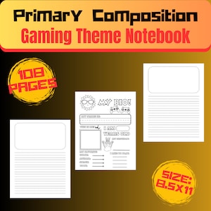 May include: A black and white printable notebook cover with a gaming theme. The cover features a sun with sunglasses, a video game controller, and the text "My Bio!" and "I am ____ years old". The notebook is 108 pages and measures 8.5 x 11 inches.