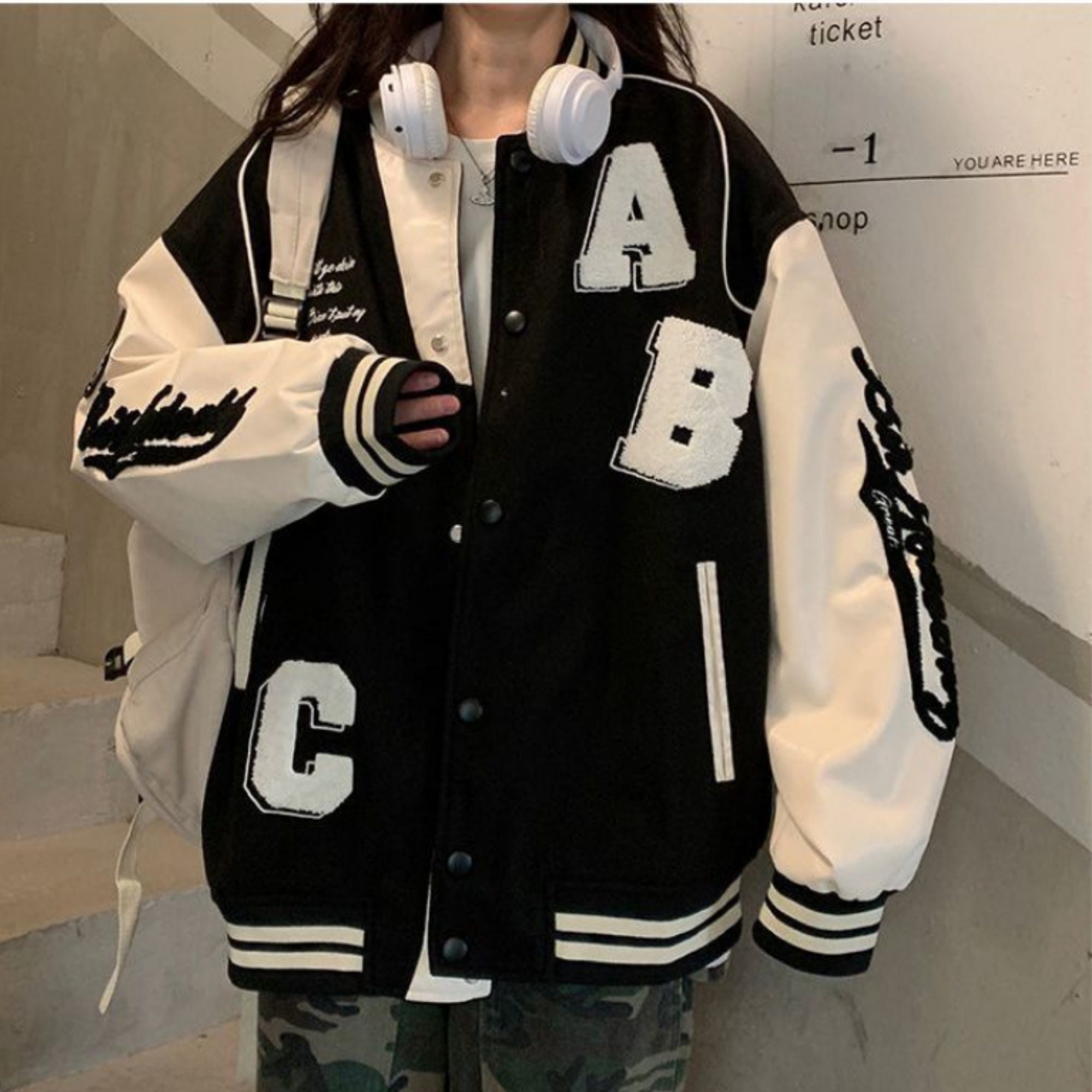 patches mixed leather varsity blouson