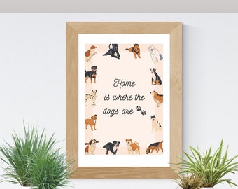 May include: A framed print with a light pink background featuring a circle of cartoon dogs with the text "Home is where the dogs are" in black.