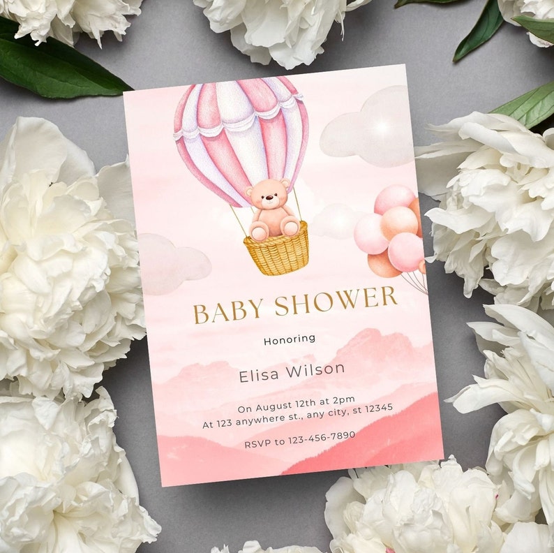Digital Invitations Baby Shower Elegantteddy Bear Hot Air Etsy