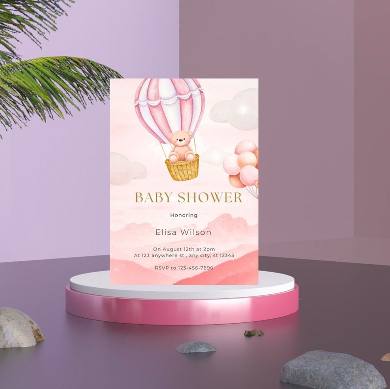 Digital Invitations Baby Shower Elegantteddy Bear Hot Air Etsy
