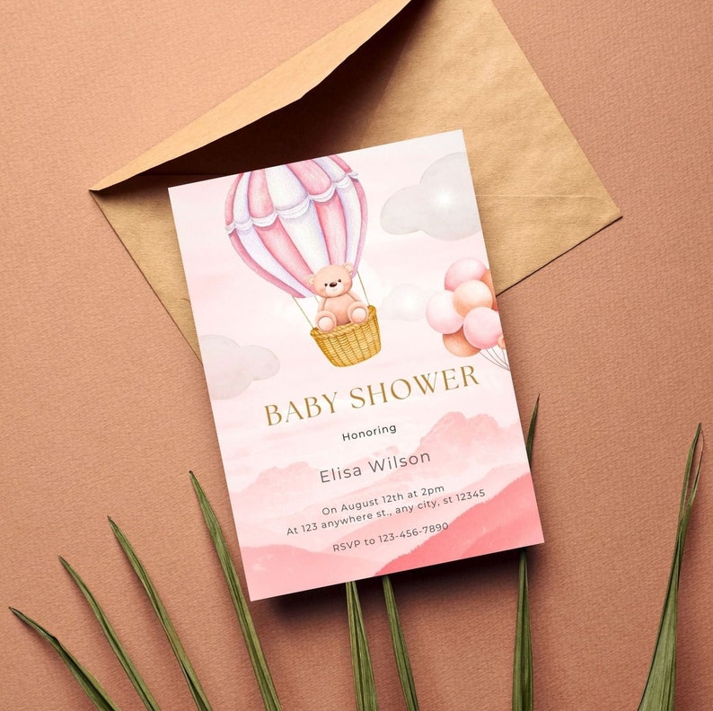 Digital Invitations Baby Shower Elegantteddy Bear Hot Air Etsy