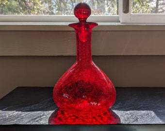 Vintage Ruby Red Hand-blown Crackle Decanter, Mid Century Glass Decanter, Red Glass Decanter, Hand Blown Crackle Decanter with Stopper