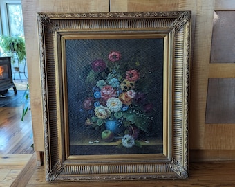 Large Original Antique Still Life Flower and Fruit Oil Painting, Antique Still Life Floral Bouquet Oil On Canvas Painting With Gilt Frame,