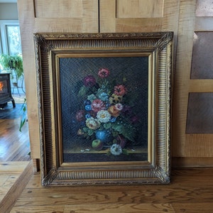 Large Original Antique Still Life Flower and Fruit Oil Painting, Antique Still Life Floral Bouquet Oil On Canvas Painting With Gilt Frame,