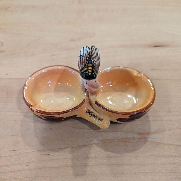 Vallauris Ceramic Hyeres Hand Painted Majolica Dish With Insect, Majolica Ashtray Cicada, Majolica Open Salt and Pepper