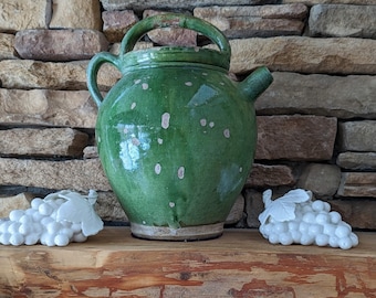 French Antique Green Glaze Storage Pottery Jug, Provincial Green Oil Jug, Antique Stoneware