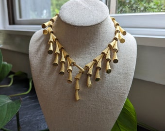 Mid-Century Kramer Brushed Gold Tone Geometric Statement Necklace, Avant Garde Necklace