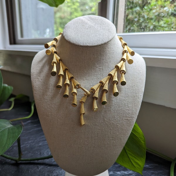 Mid-Century Kramer Brushed Gold Tone Geometric Statement Necklace, Avant Garde Necklace