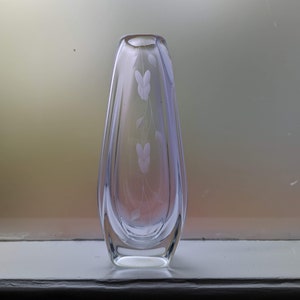 Vintage Mid-Century Johansfors Swedish Engraved Art Glass Vase, Scandinavian Modern Floral Engraved Glass Teardrop Art Vase