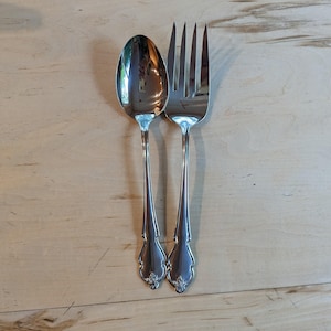 Large Serving Spoon and Fork International Stainless Deluxe American Rose Pattern By International Silver, Serving Utensils Mid Century
