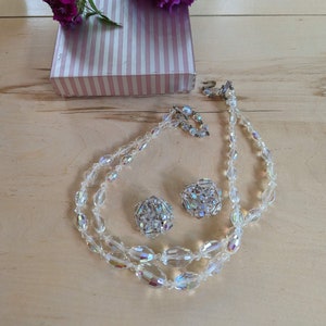 Vintage Aurora Borealis Choker Necklace Set With Clip On Earrings, Necklace and Earring Jewelry Set, Double Strand Crystal Bead Necklace