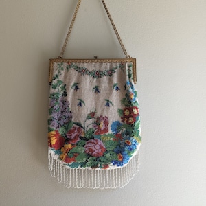 Beaded Purse Antique Beaded Bag Hand Done Floral Motifs Blue