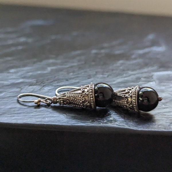 Vintage Designer Black Onyx Cone Shaped Sterling Silver Earrings, Bali Jewelry, Suarti, 925 BA, Black Stone Earrings