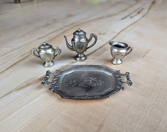 Vintage Miniature Metal Japanese Tea Set, Toy Tea Set Antique, Doll House Tea Set Made in Occupied  Japan