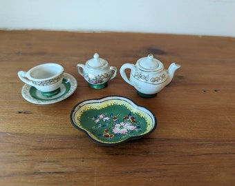 Vintage Miniature Porcelain Japanese Tea Set, Toy Tea Set Antique, Doll House Tea Set Made in Japan