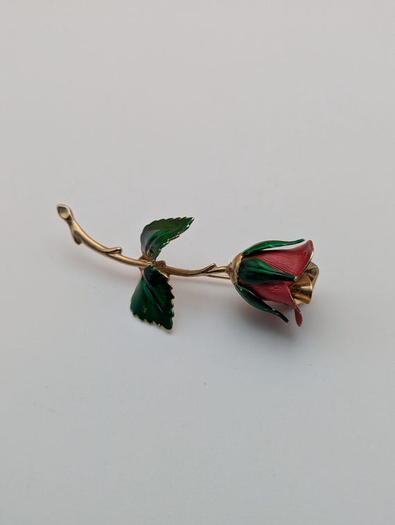 Vintage Signed Giovanni Rose Pin Brooch Gold Red … - image 1