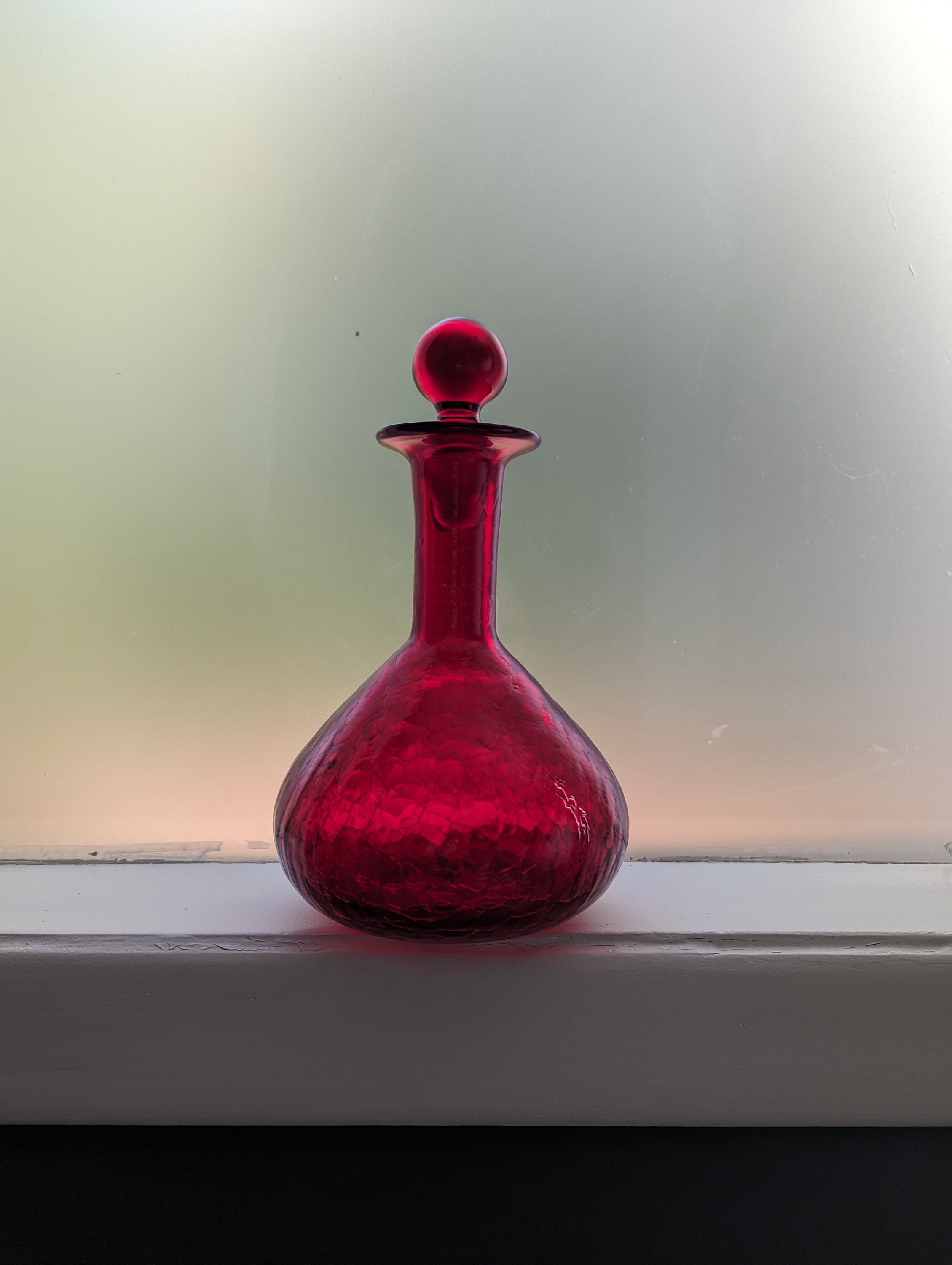 Vintage Ruby Red Hand-blown Crackle Decanter, Mid Century Glass