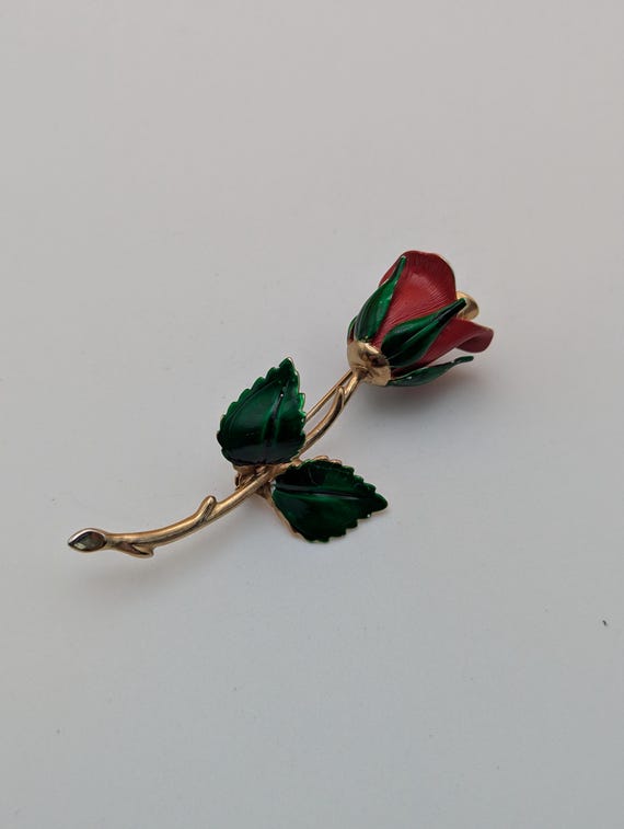 Vintage Signed Giovanni Rose Pin Brooch Gold Red … - image 2