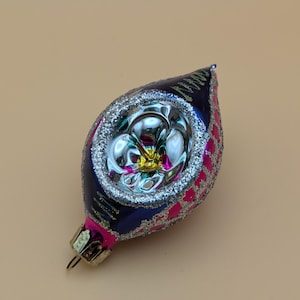 Vintage Reflector Ornament, Mercury Glass Hand Painted European Christmas Ornament, Indent Glass Christmas Ornament Pink Blue and Silver