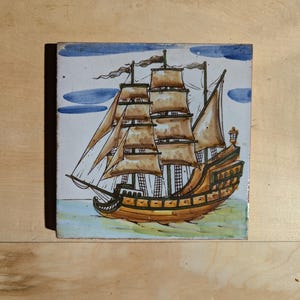 Antique Handpainted Delft Tile, Nautical Polychrome Delft Tile, Handpainted Dutch Delft Tile or Trivet, Delft Wall plate