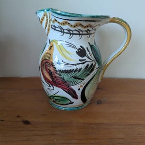 Vintage Italian Handpainted Pitcher Bird And Floral, Multicolored Handpainted Jug made in Italy, Deruta Style Vase or Pitcher