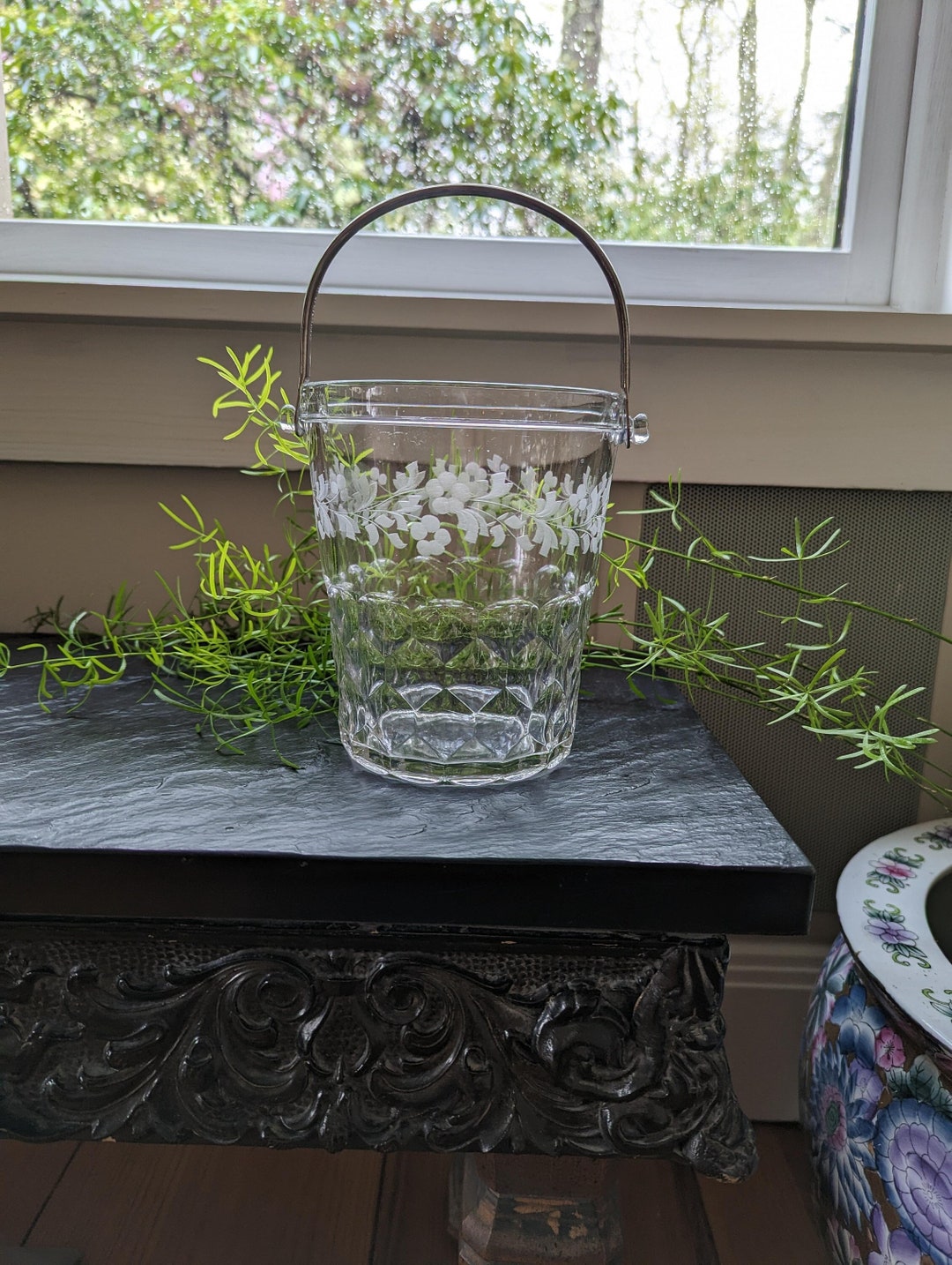Vintage Etched Glass Ice Bucket Floral Etched Glass Bucket Etsy