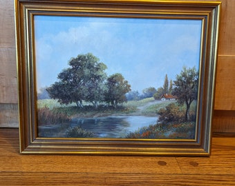 Original Oil Landscape Impressionist Painting With Wooden Gilded Frame Signed, Oil on Canvas Cottage in the Woods 18.5&#39;&#39; x 14.5&#39;&#39;