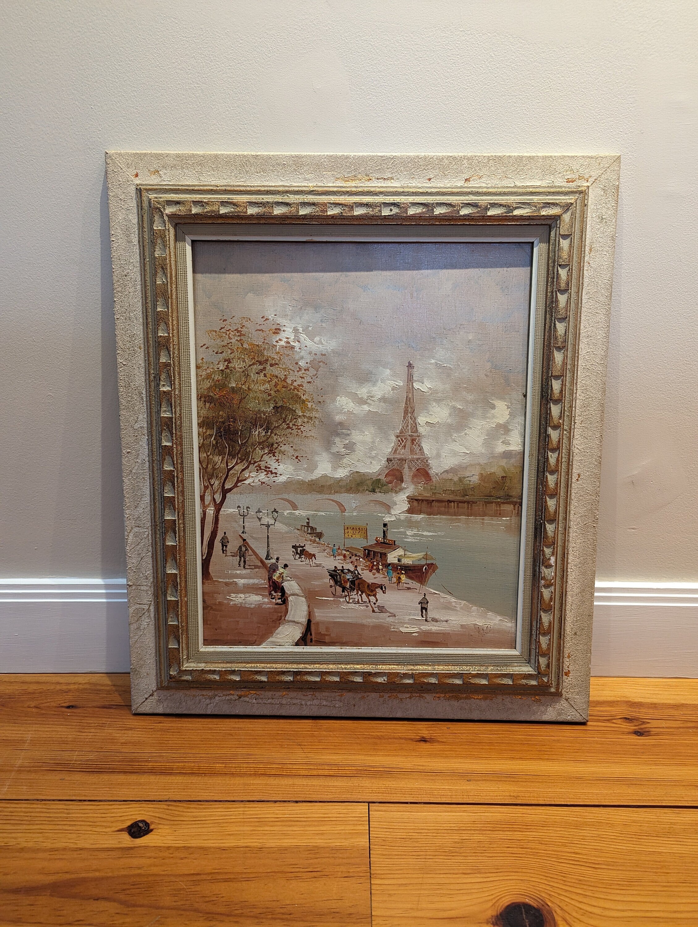 Antonio Devity Vintage Oil Painting of Paris, Oil on Canvas Framed Painting Parisian Scene Eiffel Tower Painting, Impressionist Painting