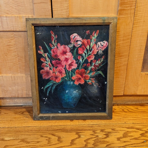 Original Oil Painting Red Gladiolus In a Blue Vase, Floral Still Life Painting, Distressed Vintage Floral Art