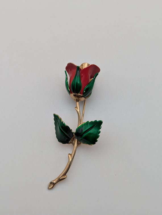 Vintage Signed Giovanni Rose Pin Brooch Gold Red … - image 5