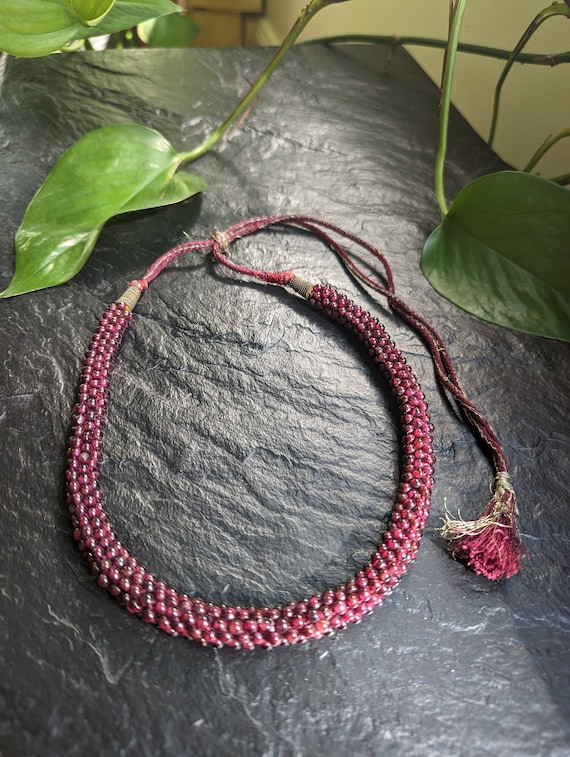 Vintage Woven Bohemian Garnet Bead Rope Necklace, 