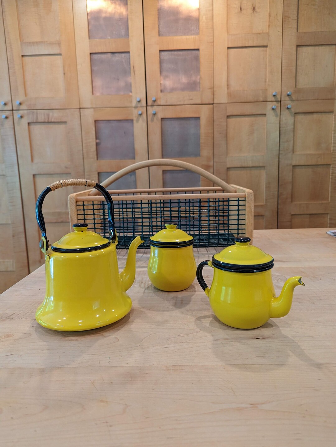 Yellow Enamelware Teapot Set Asahi Japan, Yellow Teapot Sugar and