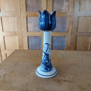 Delft Tulip Shaped Vintage Candlesticks Holder, Hand-painted Blue And White Windmill Dutch Signed Candle Holder