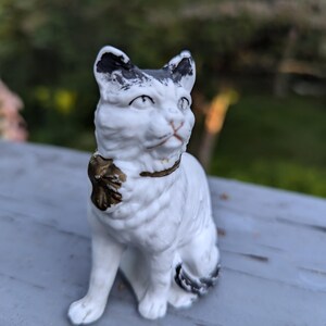 Antique Victorian Bisque Cat Figurine, German Ceramic Miniature Dollhouse Cat Kitten With Bow 3.25&quot;