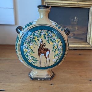 Vintage Italian Corfinio Ceramic Bottle, Collectable Hand Painted Barware Ceramic Flask With Deer and Nature Scenery