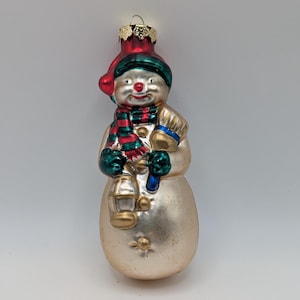 Vintage Gold Snowman Hand Blown Glass Christmas Ornament, Vintage Snowman Figural Ornament 5.25&quot;